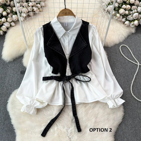 New Designed Turn-down Collar T-shirt + Denim Vest Lace-up Elastic Waist Two Piece CODE: KAR3189