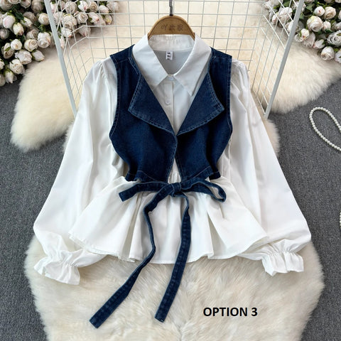 New Designed Turn-down Collar T-shirt + Denim Vest Lace-up Elastic Waist Two Piece CODE: KAR3189
