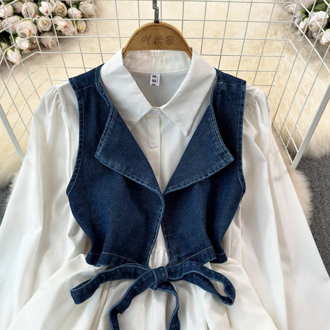 New Designed Turn-down Collar T-shirt + Denim Vest Lace-up Elastic Waist Two Piece CODE: KAR3189