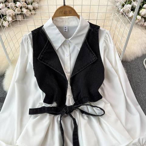 New Designed Turn-down Collar T-shirt + Denim Vest Lace-up Elastic Waist Two Piece CODE: KAR3189
