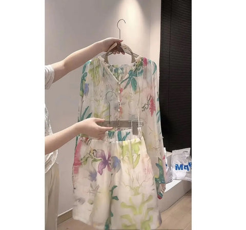 New Floral Thin  Wide Leg Short TOP Pant 2 Piece Set CODE: KAR3190