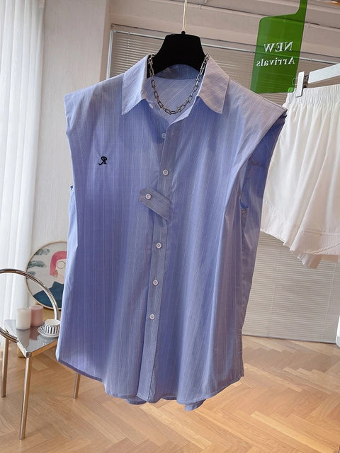 Summer New Sleeveless Stripe Polo Neck Commuter Loose Cuasal Shirt CODE: KAR3194