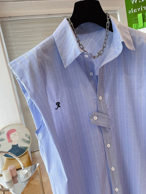 Summer New Sleeveless Stripe Polo Neck Commuter Loose Cuasal Shirt CODE: KAR3194