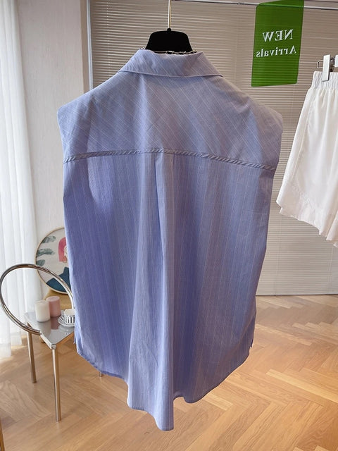 Summer New Sleeveless Stripe Polo Neck Commuter Loose Cuasal Shirt CODE: KAR3194