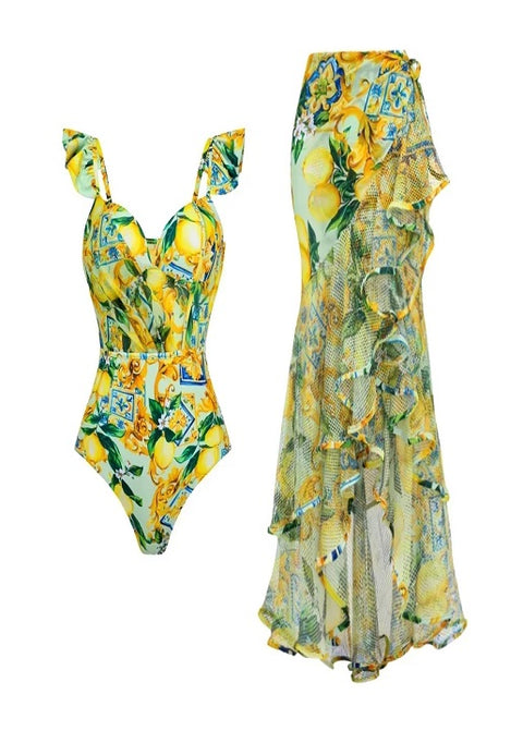 Summer Lemon Print V-Neck Push Up Swimsuit and Skirt Swimwear CODE: KAR3197