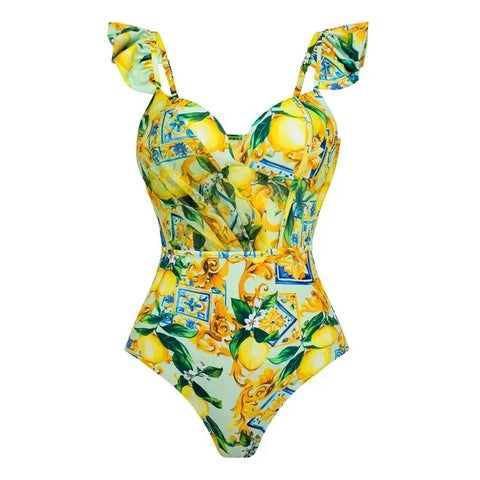 Summer Lemon Print V-Neck Push Up Swimsuit and Skirt Swimwear CODE: KAR3197