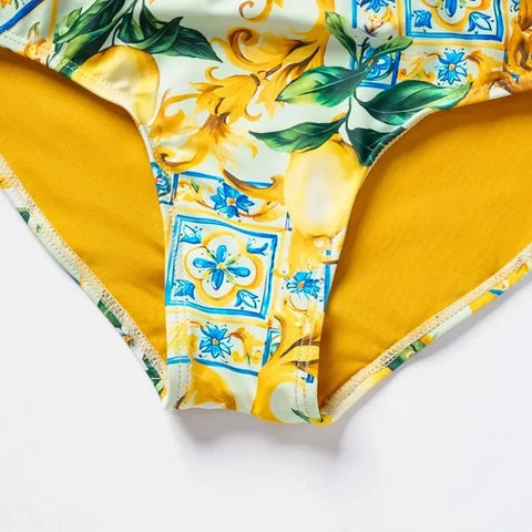 Summer Lemon Print V-Neck Push Up Swimsuit and Skirt Swimwear CODE: KAR3197