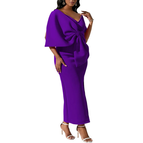 New Big Bow Elegant Sexy V Neck Short Sleeve Long Party Bodycon High Slit Dress CODE: KAR3201