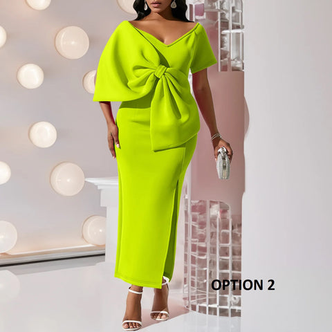 New Big Bow Elegant Sexy V Neck Short Sleeve Long Party Bodycon High Slit Dress CODE: KAR3201