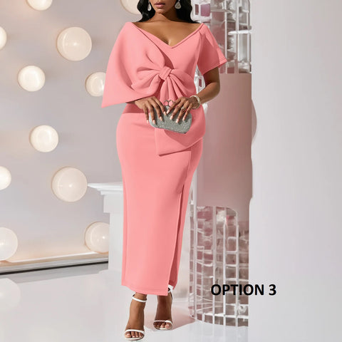New Big Bow Elegant Sexy V Neck Short Sleeve Long Party Bodycon High Slit Dress CODE: KAR3201