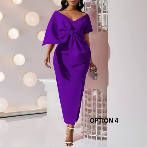 New Big Bow Elegant Sexy V Neck Short Sleeve Long Party Bodycon High Slit Dress CODE: KAR3201
