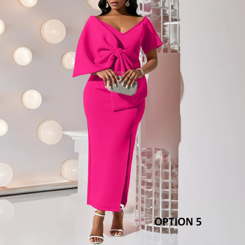 New Big Bow Elegant Sexy V Neck Short Sleeve Long Party Bodycon High Slit Dress CODE: KAR3201