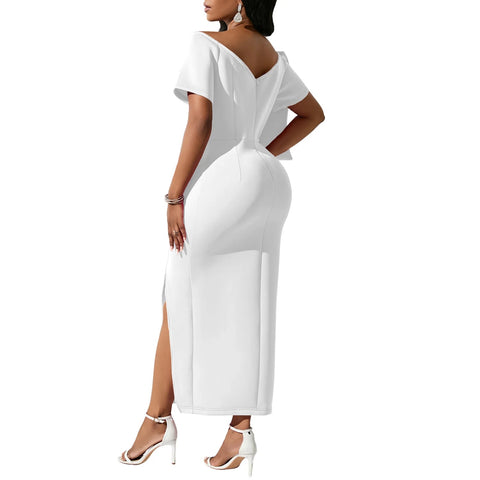 New Big Bow Elegant Sexy V Neck Short Sleeve Long Party Bodycon High Slit Dress CODE: KAR3201