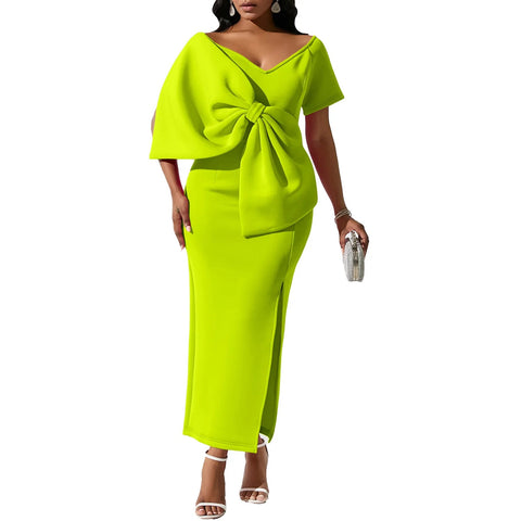 New Big Bow Elegant Sexy V Neck Short Sleeve Long Party Bodycon High Slit Dress CODE: KAR3201