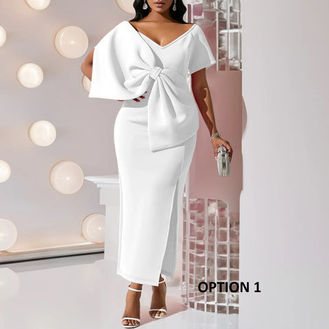 New Big Bow Elegant Sexy V Neck Short Sleeve Long Party Bodycon High Slit Dress CODE: KAR3201