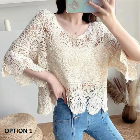 New Cover Up Hollow Out Crochet Floral Sleeve Blouse Top CODE: KAR3203