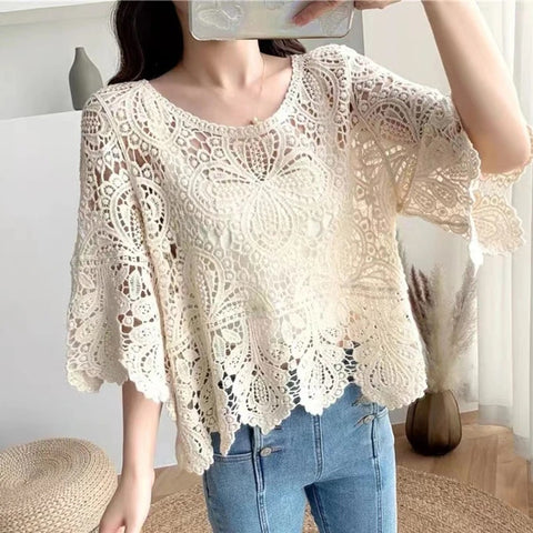 New Cover Up Hollow Out Crochet Floral Sleeve Blouse Top CODE: KAR3203