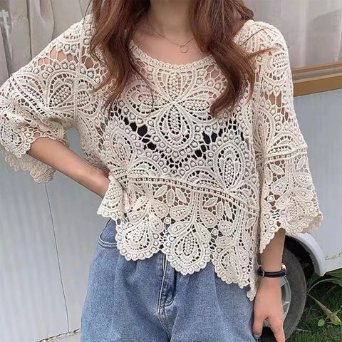 New Cover Up Hollow Out Crochet Floral Sleeve Blouse Top CODE: KAR3203