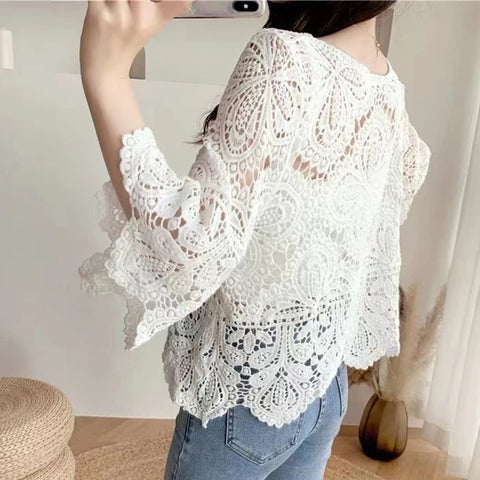 New Cover Up Hollow Out Crochet Floral Sleeve Blouse Top CODE: KAR3203