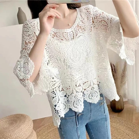 New Cover Up Hollow Out Crochet Floral Sleeve Blouse Top CODE: KAR3203