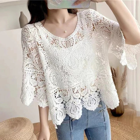 New Cover Up Hollow Out Crochet Floral Sleeve Blouse Top CODE: KAR3203