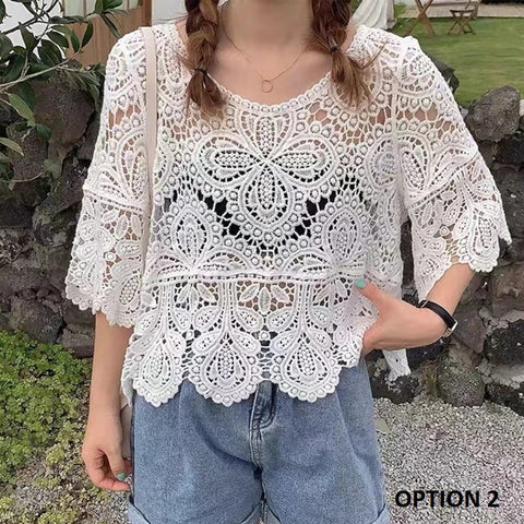 New Cover Up Hollow Out Crochet Floral Sleeve Blouse Top CODE: KAR3203