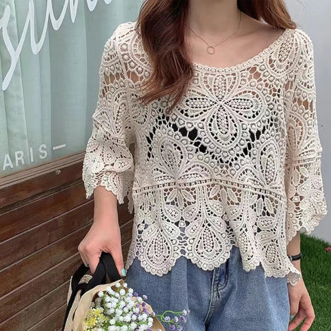 New Cover Up Hollow Out Crochet Floral Sleeve Blouse Top CODE: KAR3203