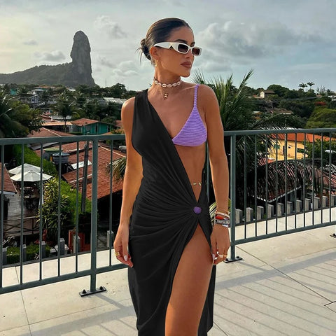 Sexy One-shoulder Asymmetric Midi Cover Tunic Beachwear Swimwear CODE: KAR3207