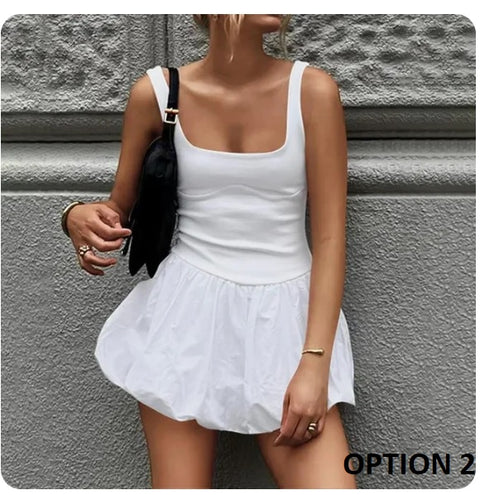 New Folds Patchwork Mini Vest Slim Fit High Waist Sleeveless A-line Solid Party Dress CODE: KAR3208