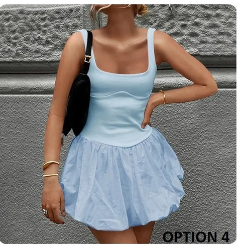 New Folds Patchwork Mini Vest Slim Fit High Waist Sleeveless A-line Solid Party Dress CODE: KAR3208