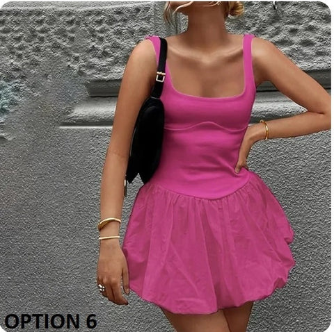 New Folds Patchwork Mini Vest Slim Fit High Waist Sleeveless A-line Solid Party Dress CODE: KAR3208