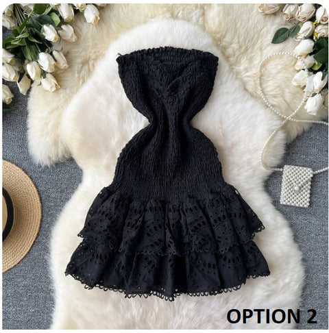 New Design Pleated Sleeveless Tube Embroidered Ruffle Lace Dress CODE: KAR3210