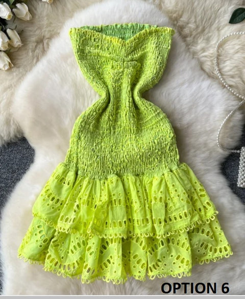 New Design Pleated Sleeveless Tube Embroidered Ruffle Lace Dress CODE: KAR3210