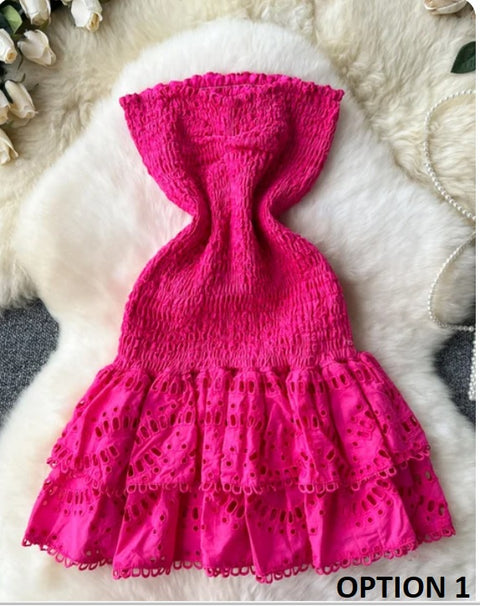 New Design Pleated Sleeveless Tube Embroidered Ruffle Lace Dress CODE: KAR3210