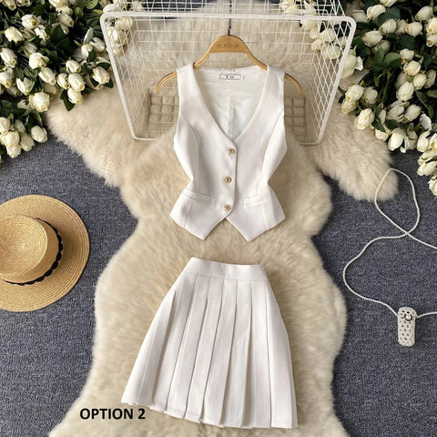 New Summer Single Breasted Basic Camisole+Zipper Design Pleated Skirt Two Pieces Set CODE: KAR3211