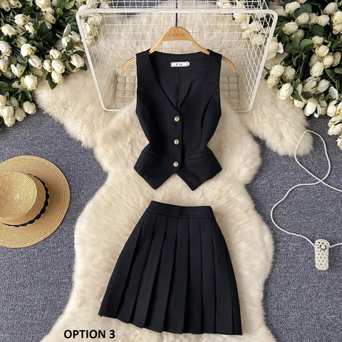 New Summer Single Breasted Basic Camisole+Zipper Design Pleated Skirt Two Pieces Set CODE: KAR3211