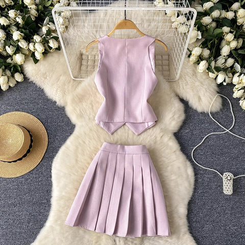 New Summer Single Breasted Basic Camisole+Zipper Design Pleated Skirt Two Pieces Set CODE: KAR3211