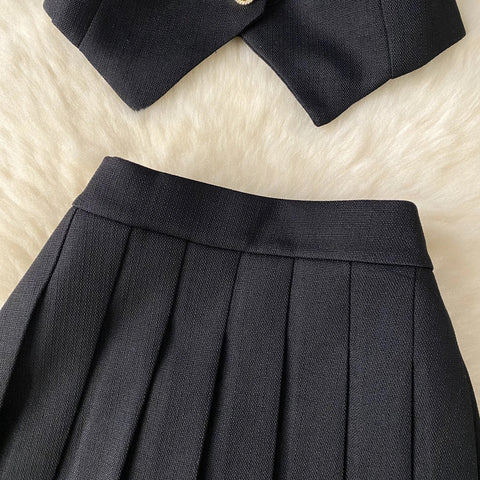 New Summer Single Breasted Basic Camisole+Zipper Design Pleated Skirt Two Pieces Set CODE: KAR3211