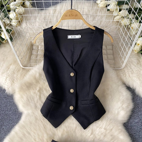 New Summer Single Breasted Basic Camisole+Zipper Design Pleated Skirt Two Pieces Set CODE: KAR3211