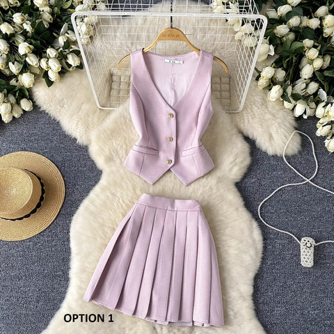 New Summer Single Breasted Basic Camisole+Zipper Design Pleated Skirt Two Pieces Set CODE: KAR3211