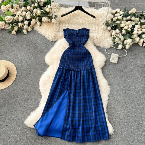 New Fashion Sweet Sexy Strap Off Shoulder Sleeveless Elastic Slim Fit  Temperament Split Plaid Party Dress CODE: KAR3212