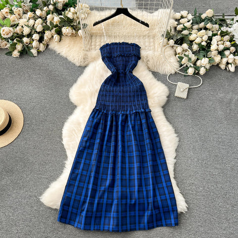 New Fashion Sweet Sexy Strap Off Shoulder Sleeveless Elastic Slim Fit  Temperament Split Plaid Party Dress CODE: KAR3212
