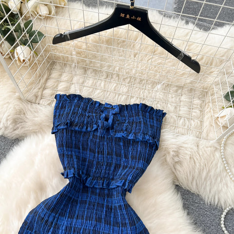 New Fashion Sweet Sexy Strap Off Shoulder Sleeveless Elastic Slim Fit  Temperament Split Plaid Party Dress CODE: KAR3212