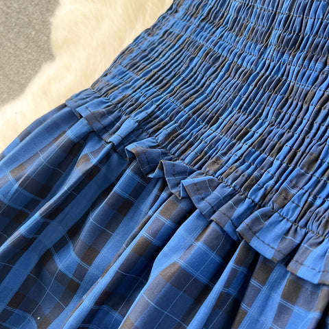 New Fashion Sweet Sexy Strap Off Shoulder Sleeveless Elastic Slim Fit  Temperament Split Plaid Party Dress CODE: KAR3212