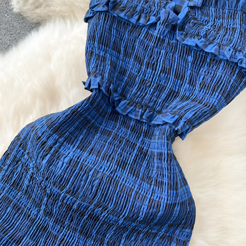 New Fashion Sweet Sexy Strap Off Shoulder Sleeveless Elastic Slim Fit  Temperament Split Plaid Party Dress CODE: KAR3212