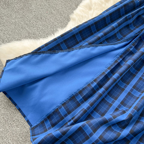 New Fashion Sweet Sexy Strap Off Shoulder Sleeveless Elastic Slim Fit  Temperament Split Plaid Party Dress CODE: KAR3212