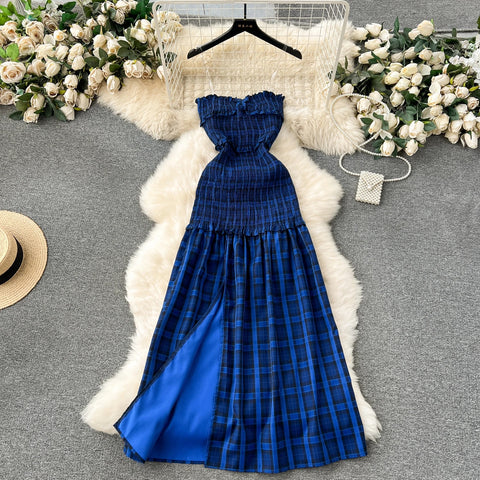 New Fashion Sweet Sexy Strap Off Shoulder Sleeveless Elastic Slim Fit  Temperament Split Plaid Party Dress CODE: KAR3212