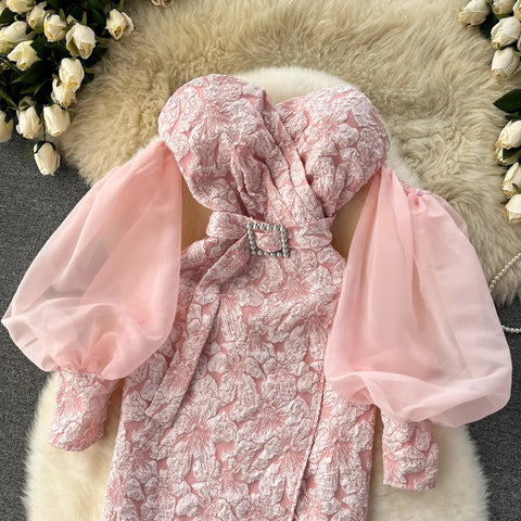 Luxury Lantern Sleeves Design Long Banquet Off Shoulder Strapless Dress CODE: KAR3213