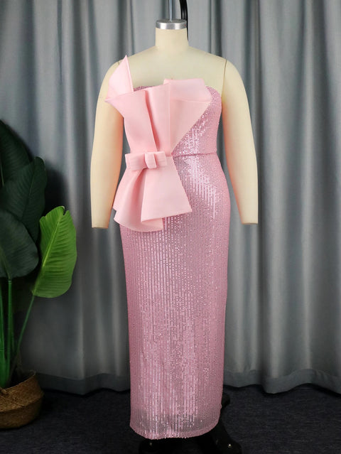 New Sexy Sequin Strapless Peplum Bow Contrast Celebration Long Dress CODE: KAR3214