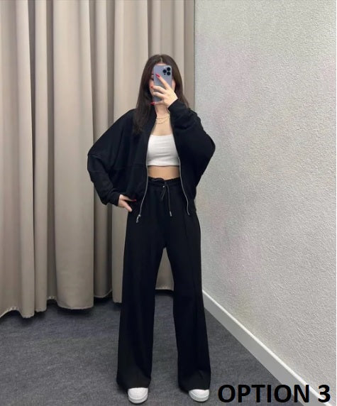 New Long Sleeve Zipper Cardigan Loose Sweatpants Casual Two Piece Set CODE: KAR3220